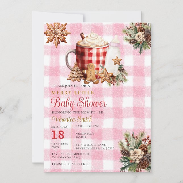 Invitation Baby Girl Gingham A Merry Little Baby Shower  (Devant)