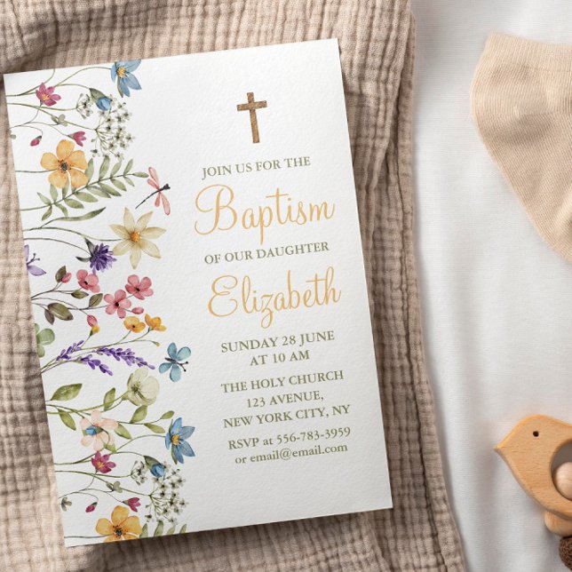 Invitation Baby Girl mignonne Fleurs sauvages Baptême Invitat (Baby Girl Cute Wild Flowers Baptism Invitation)