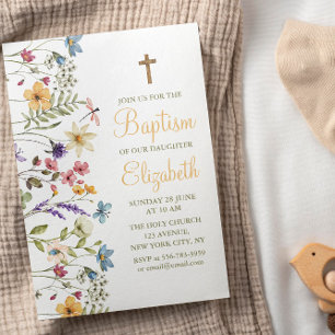 Invitation Baby Girl mignonne Fleurs sauvages Baptême Invitat