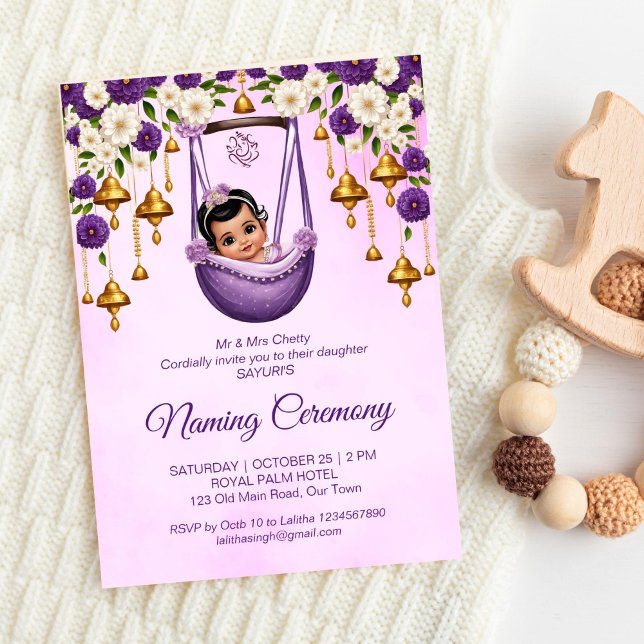Invitation Baby Girl Naming Namkaran Cradle Ceremony violet (Baby Girl Naming Namkaran Cradle Ceremony purple Invitation template instant download cute girl sari)