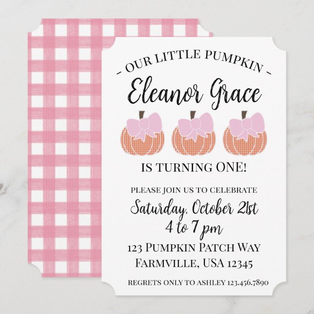Invitation Baby Girl Notre petit Citrouille Premier anniversa (Devant / Derrière)