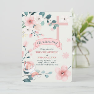 Invitation Baby Girl Peach Blossoms et Christening Turquoise