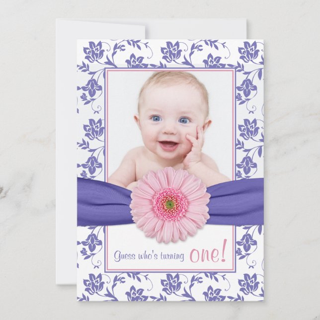 Invitation Baby Girl Purple Rose Daisy Floral Photo Anniversa (Devant)