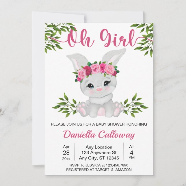 Invitation Baby Girl rose Baby shower lapin floral (Devant)