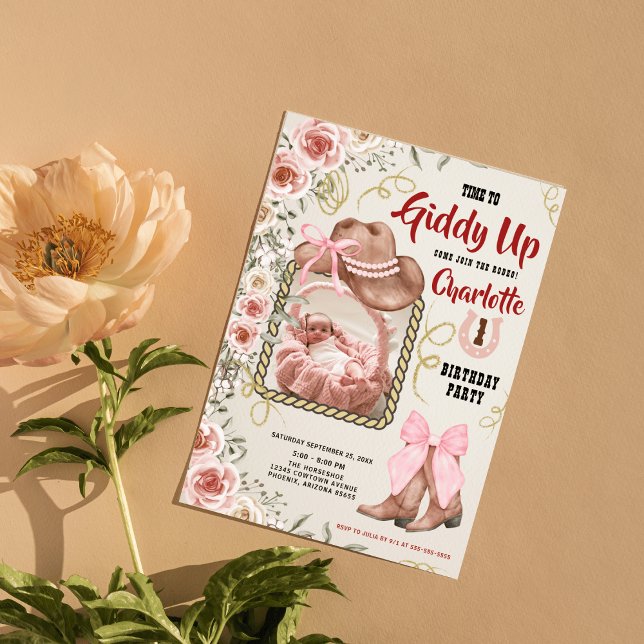 Invitation Baby Girl rose Cowgirl Floral 1er Anniversaire pho (Créateur téléchargé)