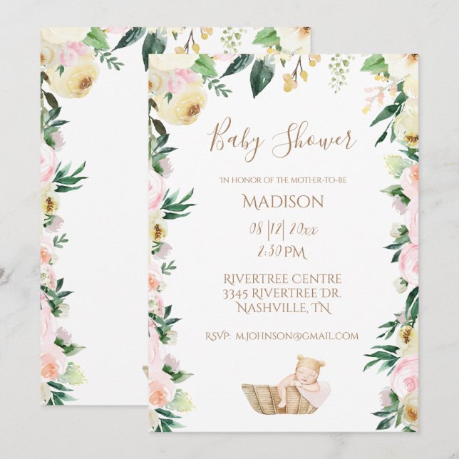 Invitation Baby Girl rose floral Script Élégant Baby shower (Devant / Derrière)