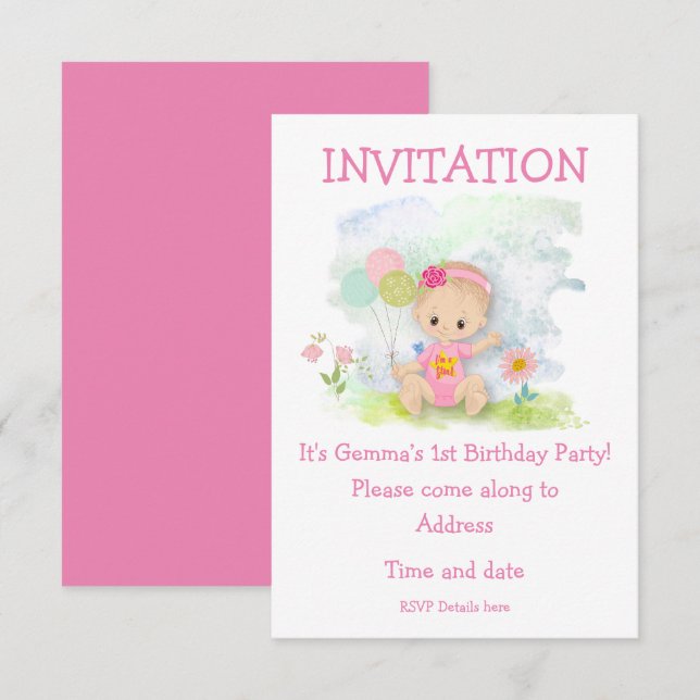Invitation Baby Girl rose Première fête d'anniversaire (Devant / Derrière)
