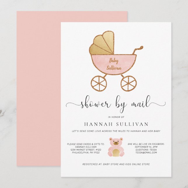 Invitation Baby Girl Shower par Mail Retro Carriage Pink Gold (Devant / Derrière)
