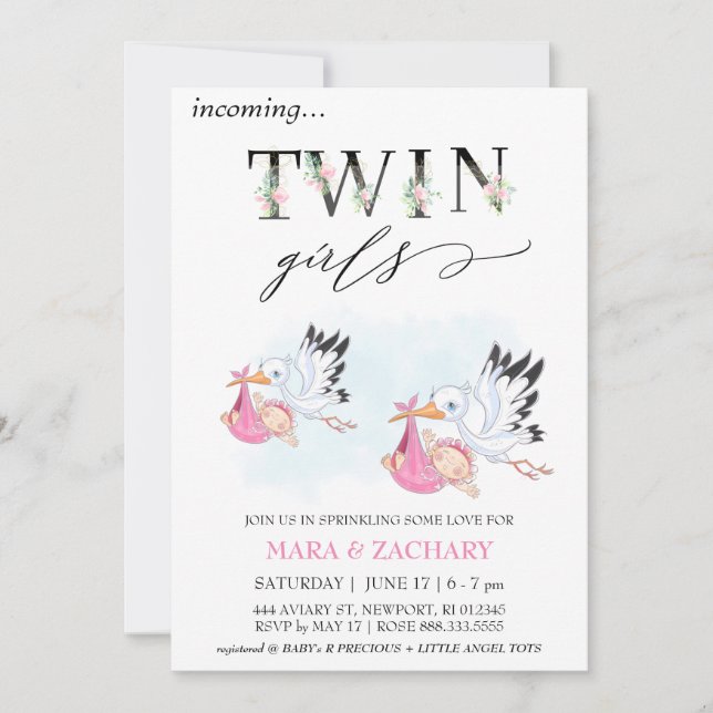 Invitation *~* Baby Girl SPRINKLE Twins Stork (Devant)