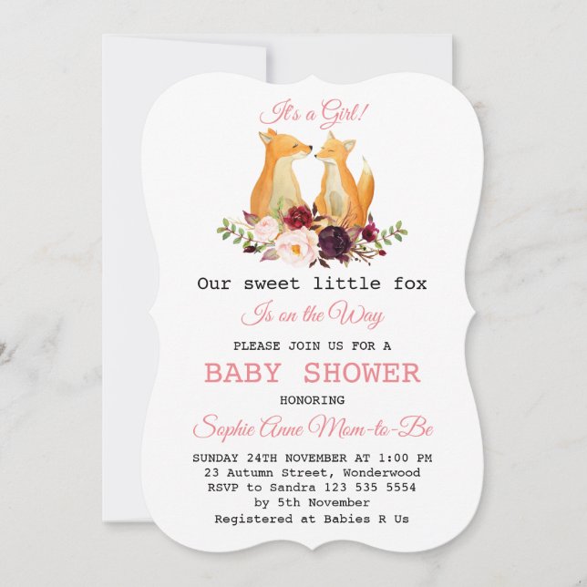 Invitation Baby Girl Sweet Fox Woodland Baby shower (Devant)