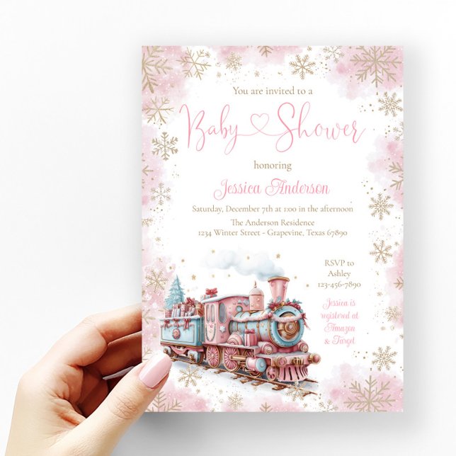 Invitation Baby Girl Train de Noël Baby shower de vacances (Pink and gold snowflake baby shower invitation with cute pastel Christmas train.)