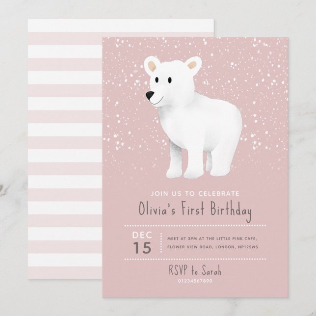 Invitation Baby Girls 1er anniversaire Pink Holiday Ours pola (Devant / Derrière)