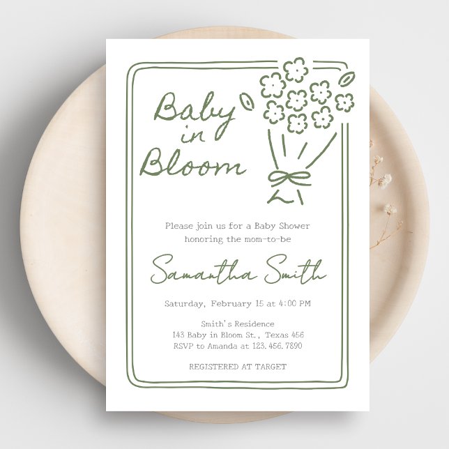 Invitation Baby In Bloom Baby Shower (Green Hand Drawn Baby in Bloom Baby Shower Invitation)