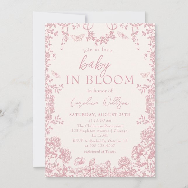 Invitation Baby In Bloom Baby shower Chinoiserie Rose (Devant)