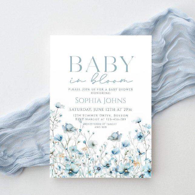 Invitation Baby In Bloom bleu fleur sauvage Baby shower garço (Créateur téléchargé)