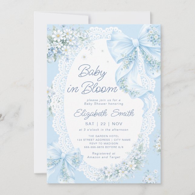 Invitation Baby in Bloom Blue Bow Floral Boy Baby Shower (Devant)
