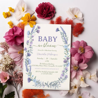 Invitation Baby In Bloom Blue Fleur sauvage Baby shower garço