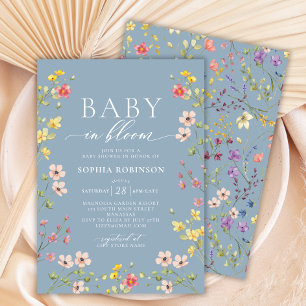 Invitation Baby in Bloom Boho Fleur sauvage Baby shower bleu