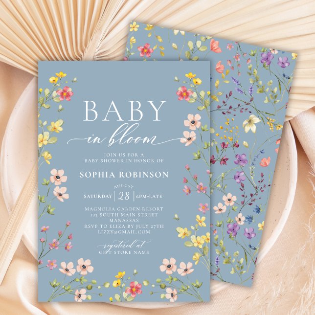 Invitation Baby in Bloom Boho Fleur sauvage Baby shower bleu (Créateur téléchargé)