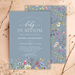 Invitation Baby in Bloom Boho Fleur sauvage Baby shower bleu