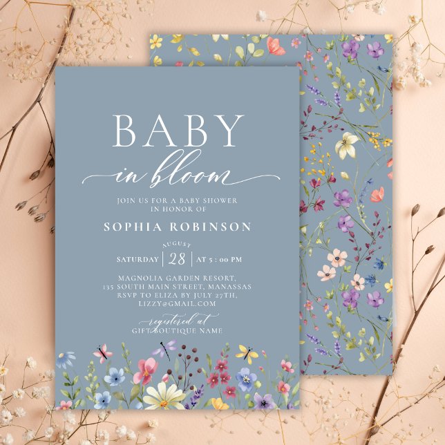 Invitation Baby in Bloom Boho Fleur sauvage Baby shower bleu (Créateur téléchargé)