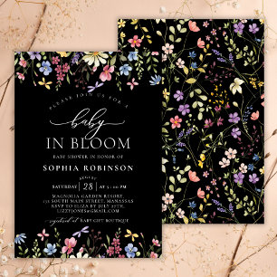 Invitation Baby in Bloom Boho Fleur sauvage Baby shower noir