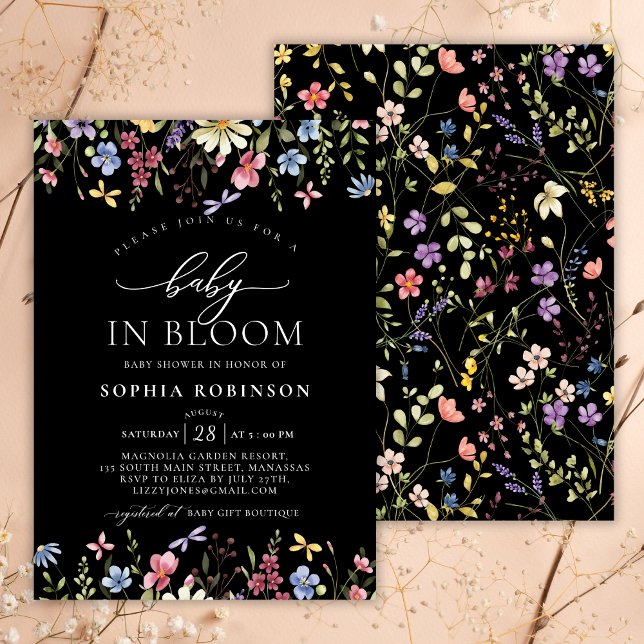 Invitation Baby in Bloom Boho Fleur sauvage Baby shower noir (Créateur téléchargé)