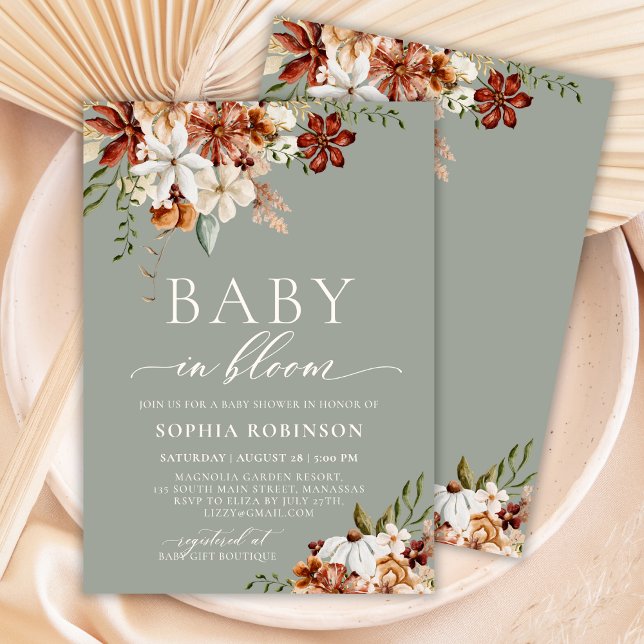 Invitation Baby in Bloom Boho Fleur sauvage Baby shower vert (Créateur téléchargé)
