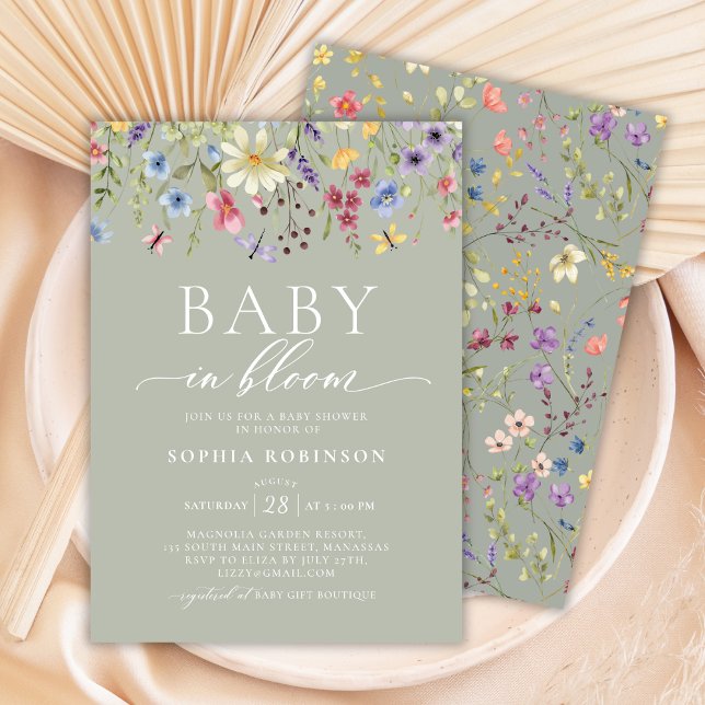 Invitation Baby in Bloom Boho Fleur sauvage Baby shower vert (Créateur téléchargé)
