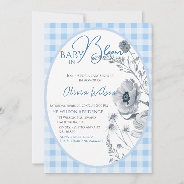 Invitation Baby In Bloom Boy En vichy Floral Baby shower Bleu (Devant)