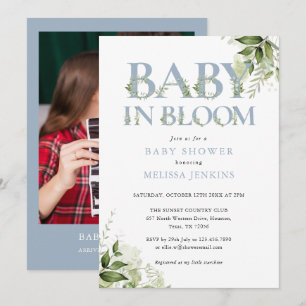 Invitation Baby In Bloom Feuillage Bleu Poussiéreux Photo Bab