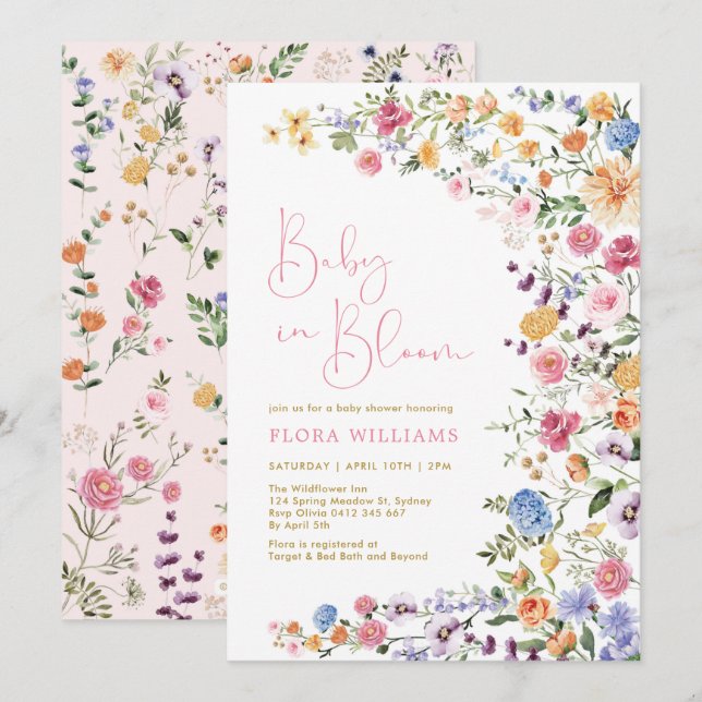 Invitation Baby in Bloom Fleur sauvage Baby shower fille (Devant / Derrière)