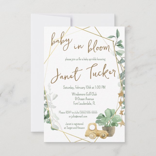 Invitation Baby in Bloom Gold Frame, Baby shower verdoyant (Devant)
