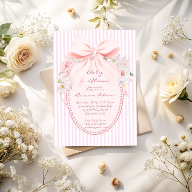 Invitation Baby in bloom retro preppy bow baby shower (Baby in bloom retro pink stripes preppy bow girls baby shower invitation cards template)
