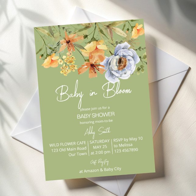 Invitation Baby in bloom sage green baby shower  (Baby in bloom sage green yellow blue wild flowers summer baby shower invitation cards template)