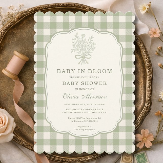 Invitation Baby in Bloom Sage Green Gingham Baby Shower (Créateur téléchargé)