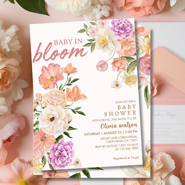 Invitation Baby in bloom watercolor floral baby shower (Créateur téléchargé)