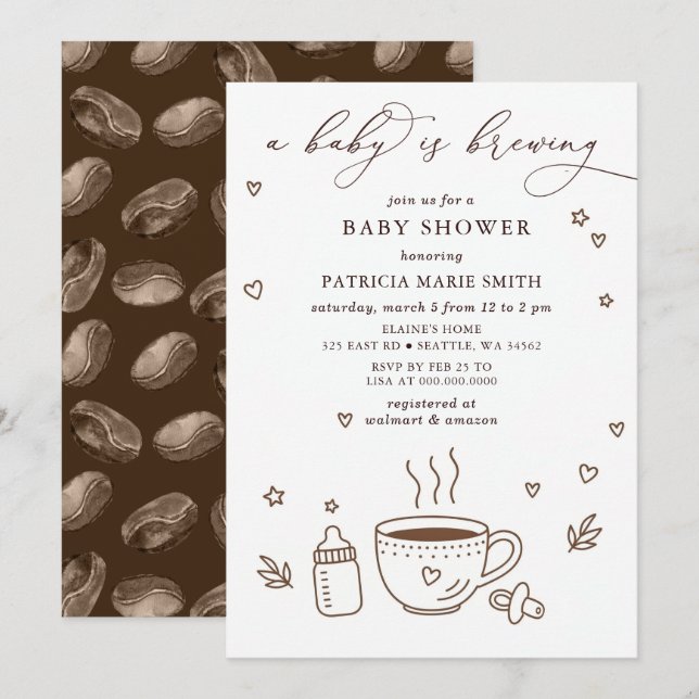 Invitation Baby is Brewing Coffee Gender Neutral Baby Shower (Devant / Derrière)