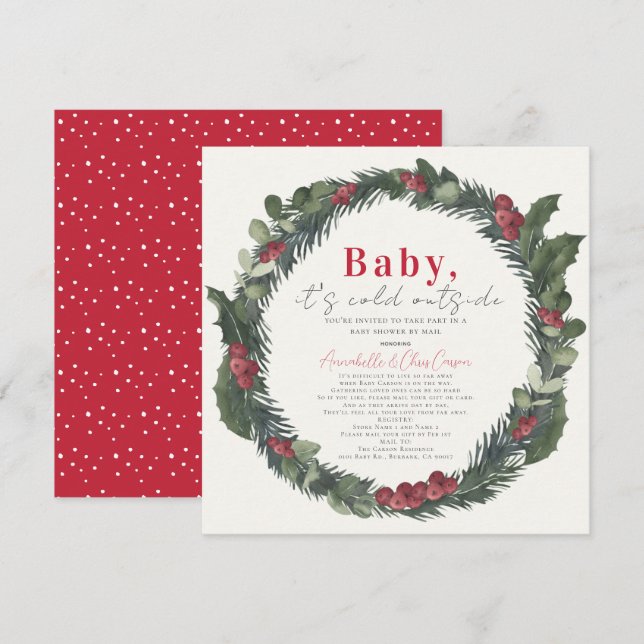 Invitation Baby It's Cold Holiday Wreath Baby shower par cour (Devant / Derrière)