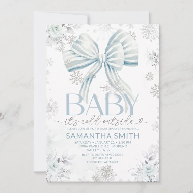 Invitation Baby It's Cold Outside Blue Bow Winter Baby Shower (Devant)