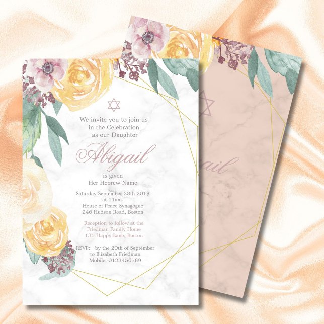 Invitation Baby juif Nommer Géométrique Floral Élégant rose (Créateur téléchargé)