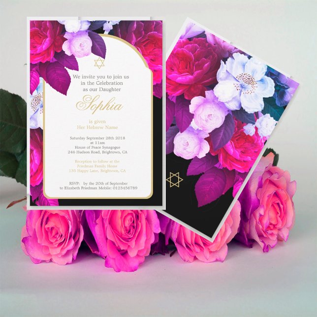 Invitation Baby juif qui nomme Floral Purple Black Gold (Créateur téléchargé)