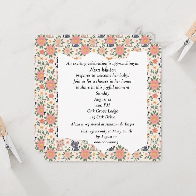 Invitation Baby Jungle Cats and Flowers (Devant/Arrière en situation)