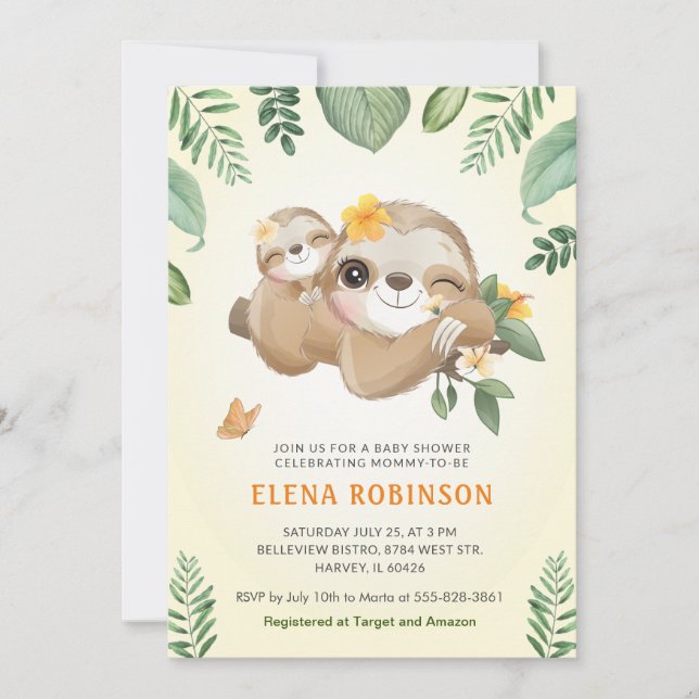 Invitation Baby maman Sloth Jungle Baby shower neutre genre (Devant)