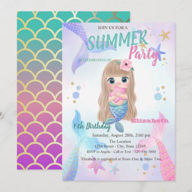 Invitation Baby Mermaid Balances Seastars Anniversaire (Devant / Derrière)