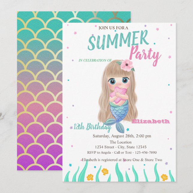 Invitation Baby Mermaid Scales Seashells fête d'anniversaire (Devant / Derrière)