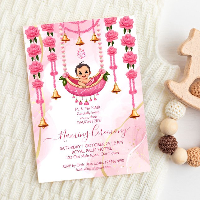Invitation Baby Naming Cradle Indian Cérémonie modèle rose (Baby Naming Cradle Indian Ceremony pink template invitation digital download cute baby pink flowers)