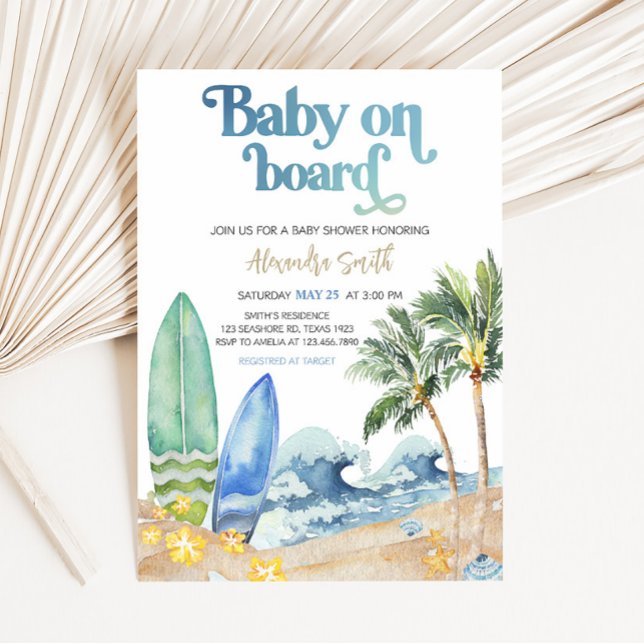 Invitation Baby on Board Baby shower de plage (Surfing Summer Boy Baby Shower Invitation)