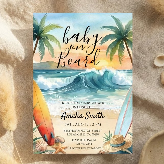 Invitation baby on board beach coast surfboard baby shower (Créateur téléchargé)