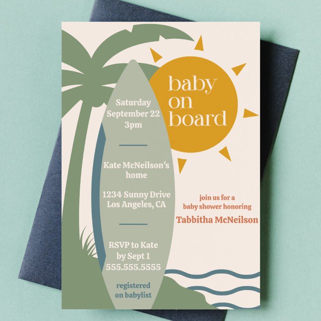 Invitation "Baby on board" Beach Surfing Ocean Baby shower ("baby on board" surfing ocean gender neutral baby shower nautical surfboard tropical invitation)
